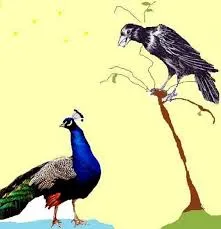 Ilustrație cu o cioară pe o creangă și un păun sub ea